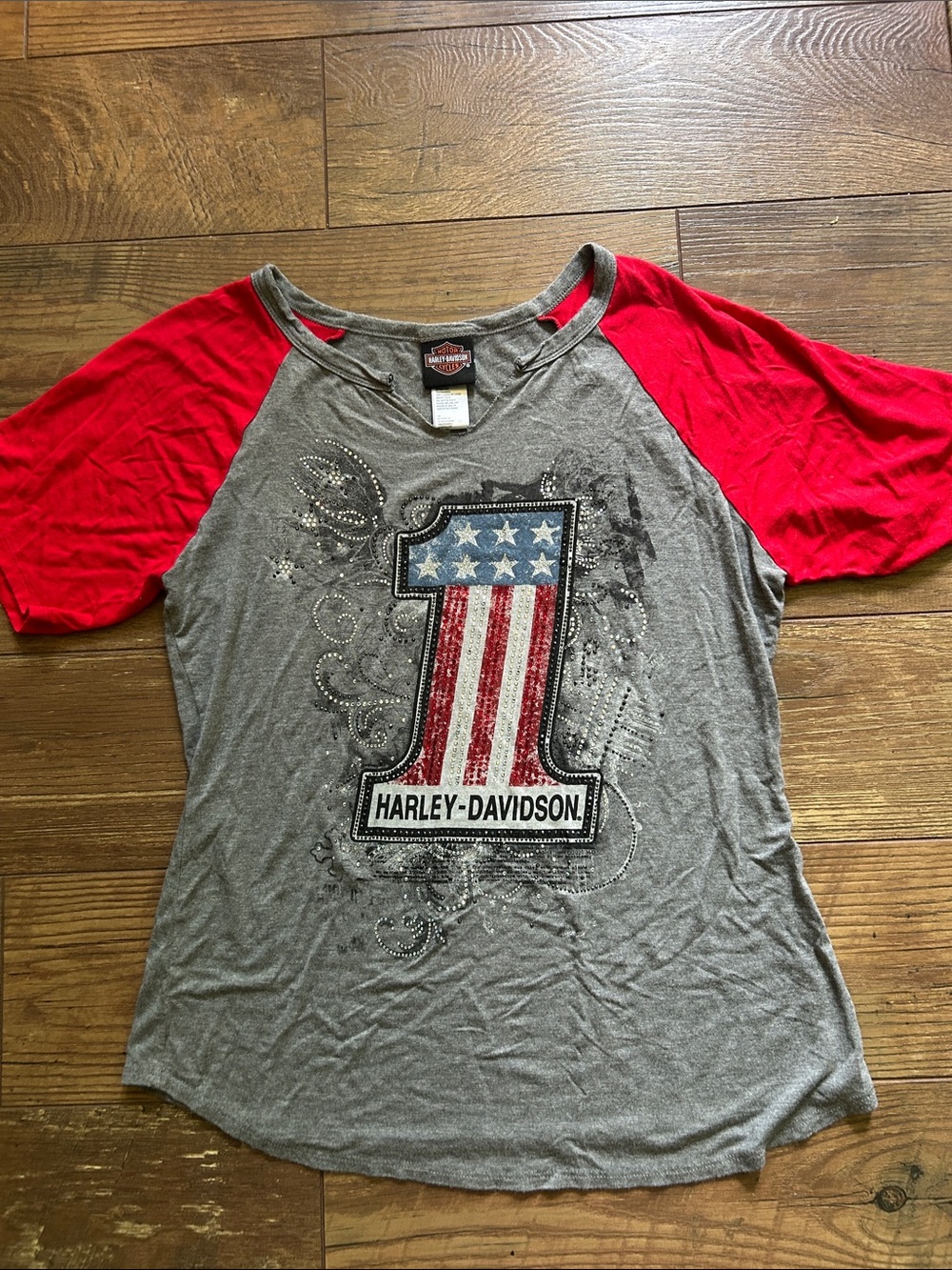 Harley-Davidson Gray Raglan Tee with Red Sleeves and Stars-Stripes Graphic